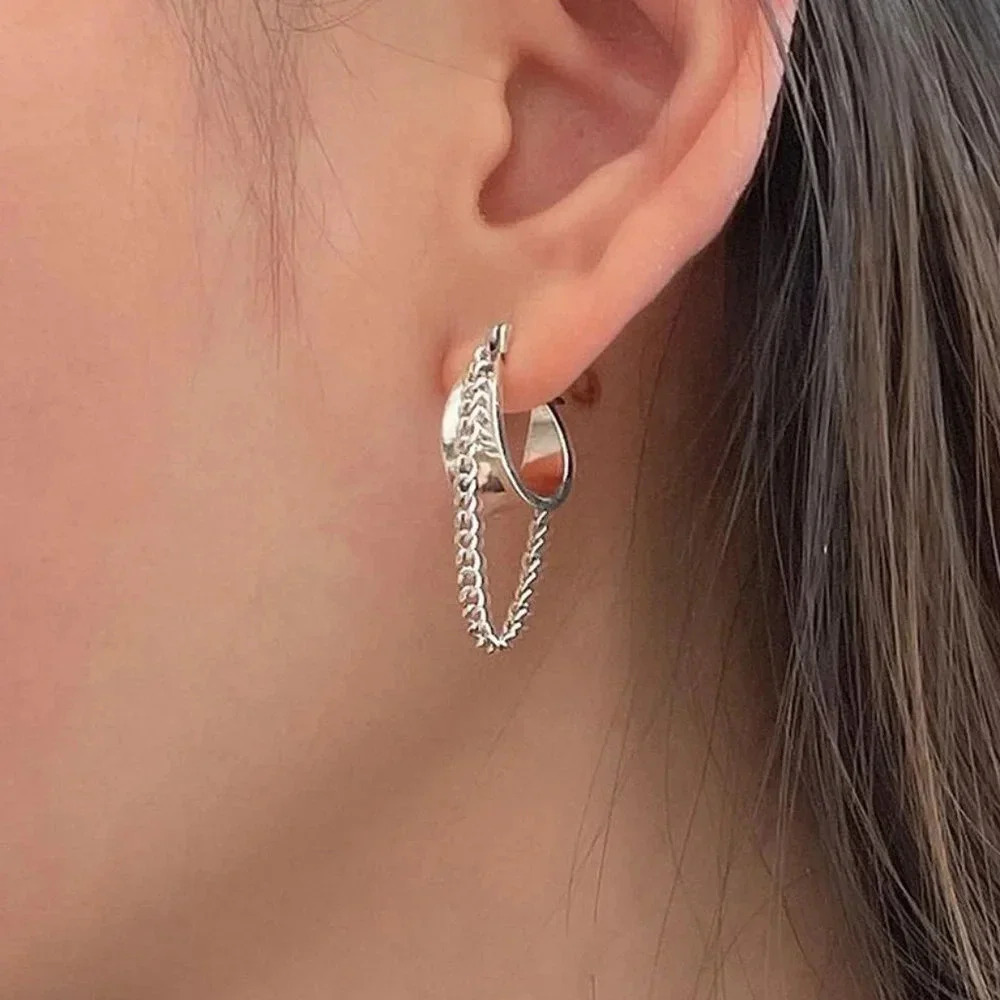 925 Sterling Silver Chain Drop Hoop Earrings Minimalist Dangle Drop Hoops